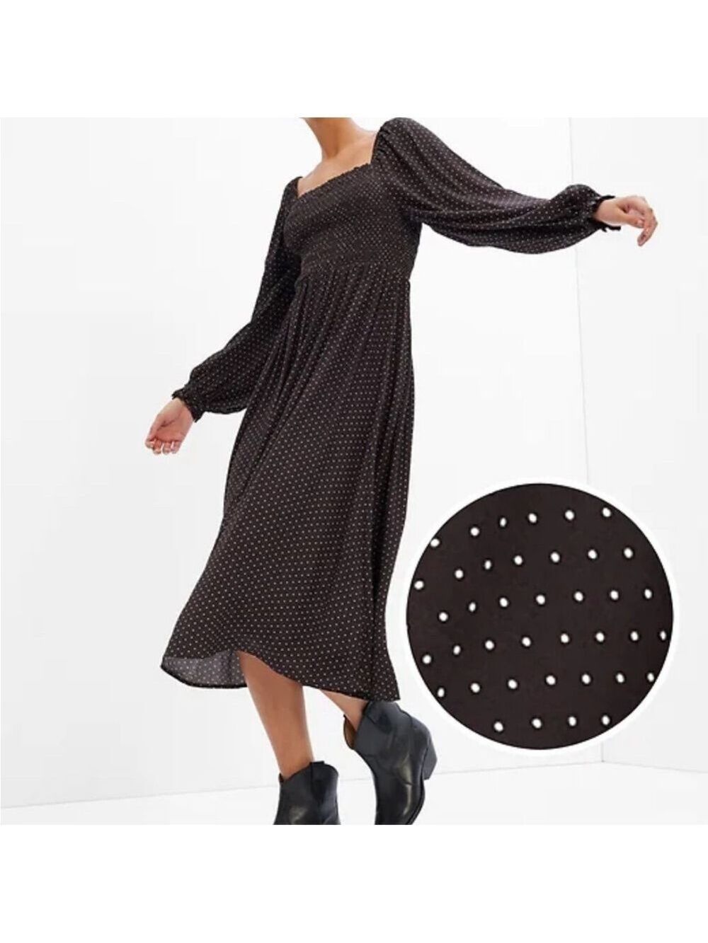 GAP SMOCKED MIDI DRESS  LENZING ECOVERO WITH BALLOON SLEEVES  WOMENS SZ XS